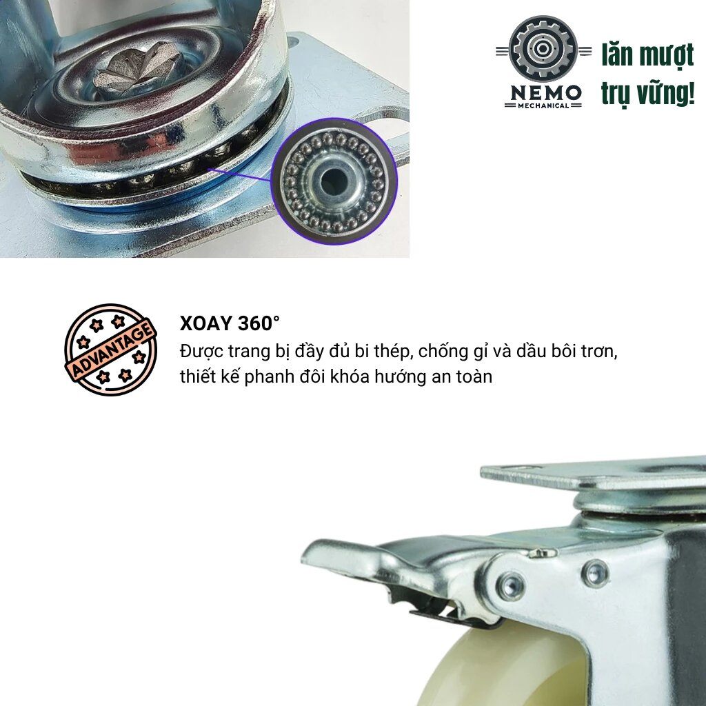 Bánh xe đẩy hàng nylon, mặt bích, cọc vít, chịu hóa chất, 7cm, 10cm, 12cm: